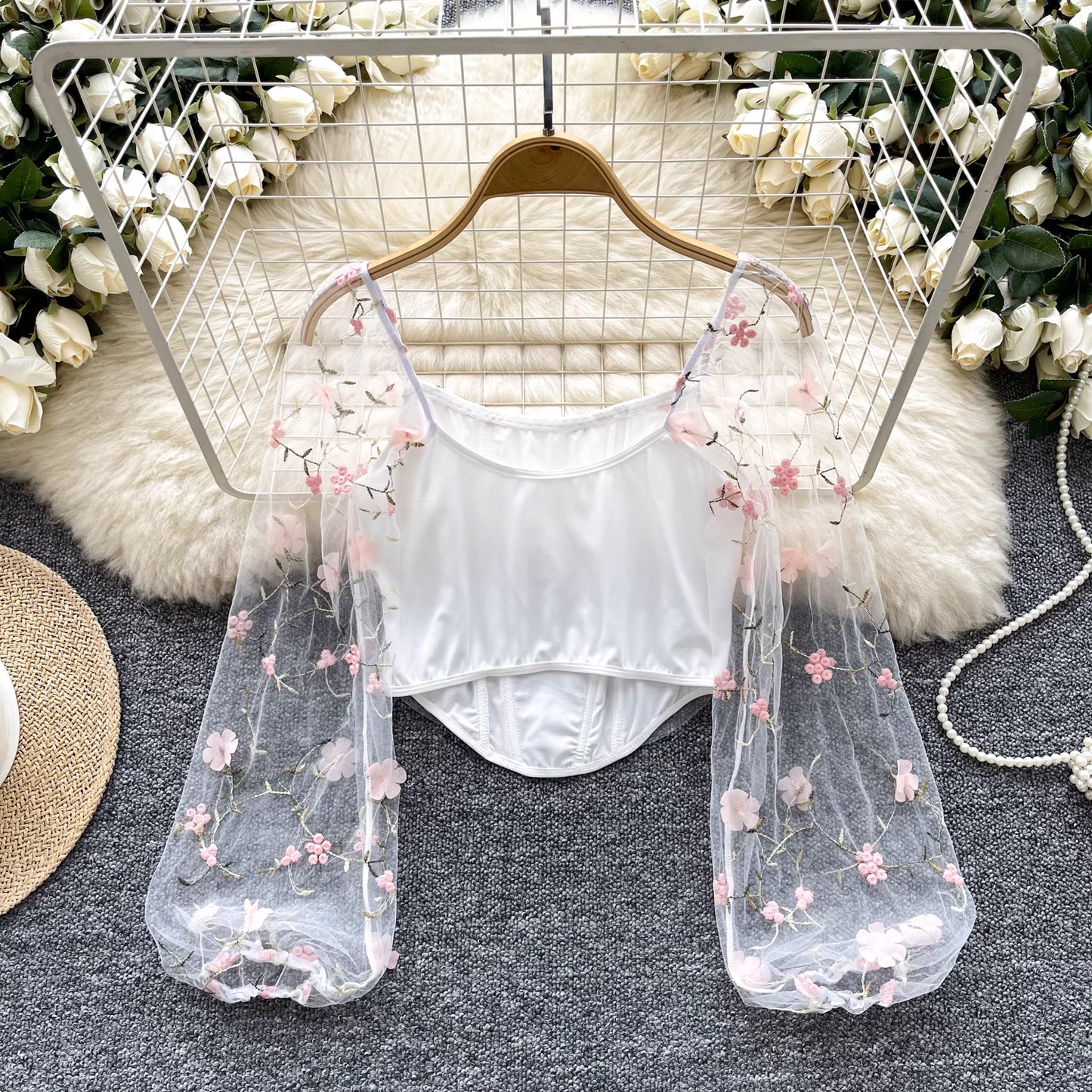 Orchid Moda enchanted sheer floral mesh top with delicate pink flower embroidery and puff sleeves