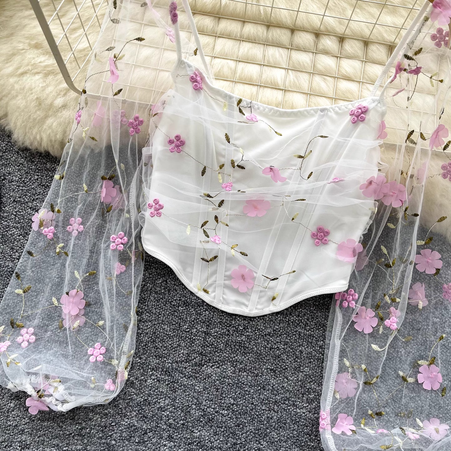 Orchid Moda enchanted sheer floral mesh top with pink flower embroidery and long puff sleeves