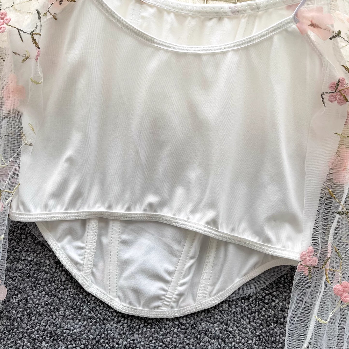 Orchid Moda enchanted sheer floral mesh top with delicate pink flower embroidery on sheer fabric