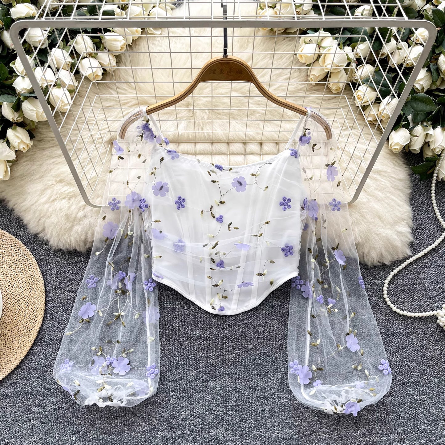 Orchid Moda enchanted sheer floral mesh top with puff sleeves and delicate purple flower embroidery