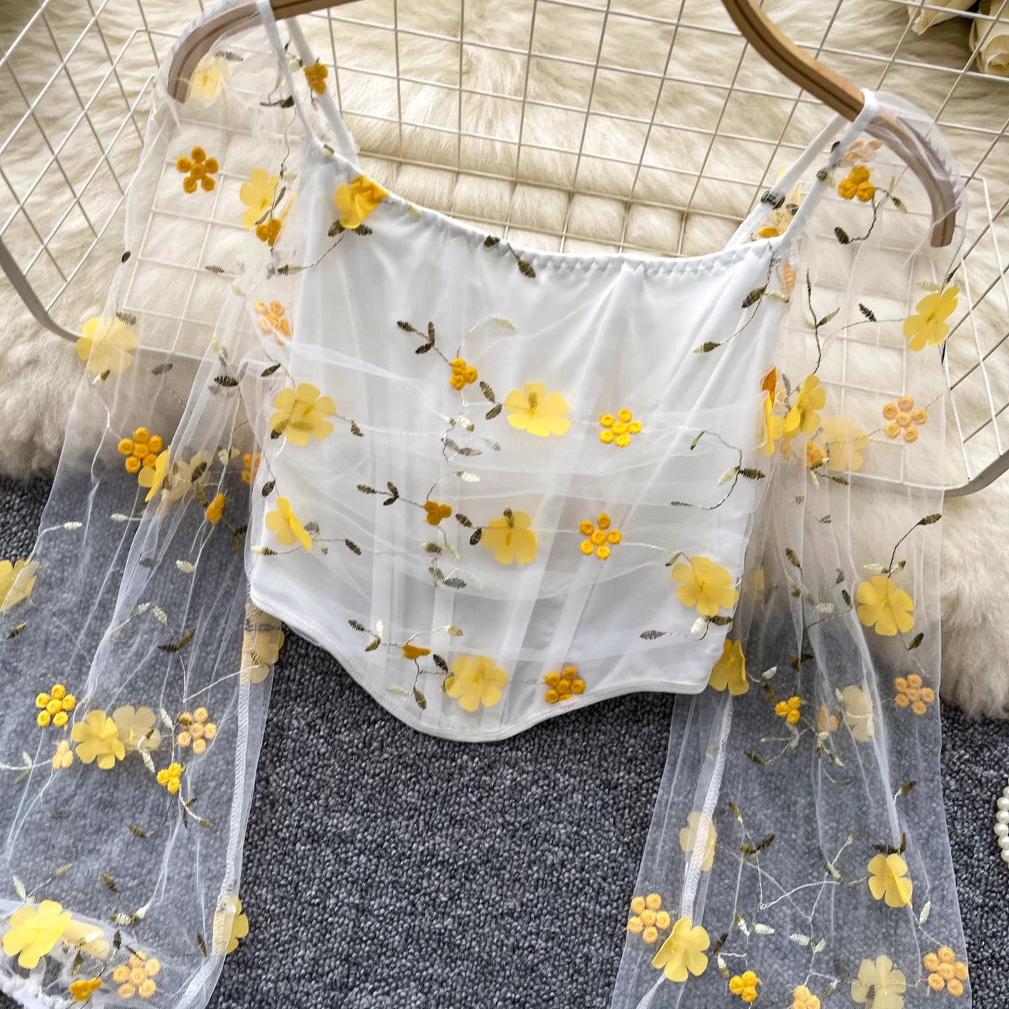 Orchid Moda enchanted sheer floral mesh top with yellow flower embroidery and long mesh sleeves