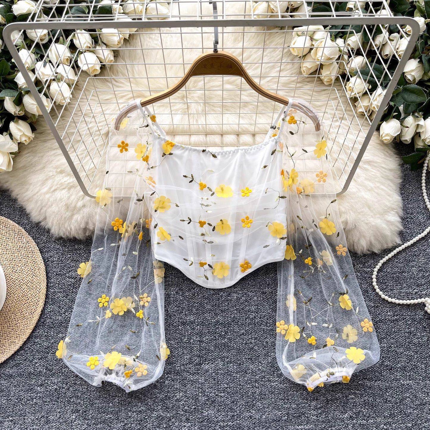 Orchid Moda enchanted sheer floral mesh top with yellow flower embroidery and puff sleeves