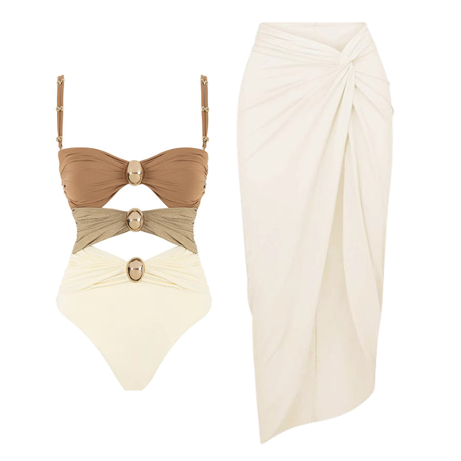 Orchid Moda fashionable summer bikinis set with brown and beige cutout swimsuit and white wrap skirt