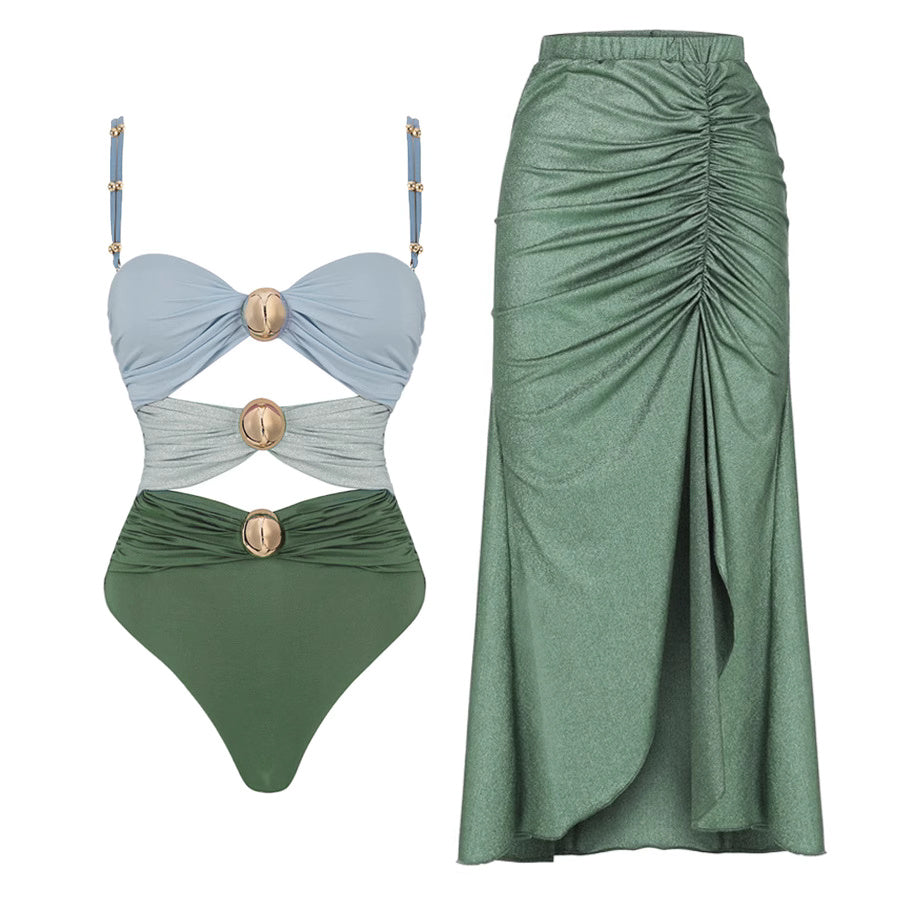 Orchid Moda fashionable summer bikinis with stylish green and blue cutout one-piece and matching ruched skirt