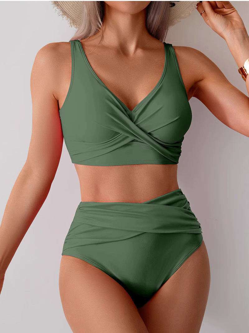 Orchid Moda high waist swimwear for women in olive green with wrap style top and ruched bottom