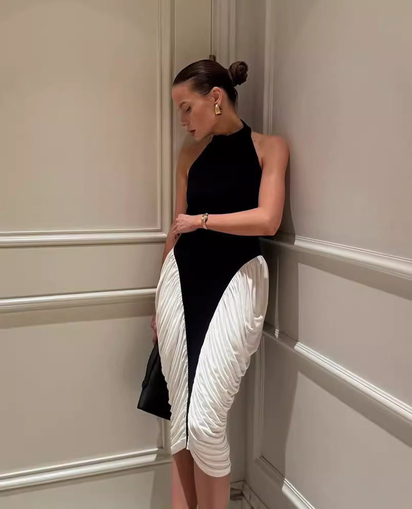 Orchid Moda elegant black and white halter midi dress for women with pleated skirt details