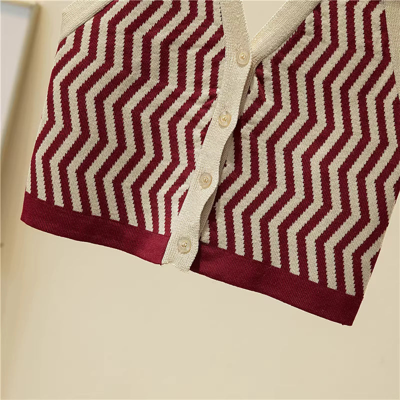 Orchid Moda button-up top with beige and burgundy zigzag pattern halter neck backless top