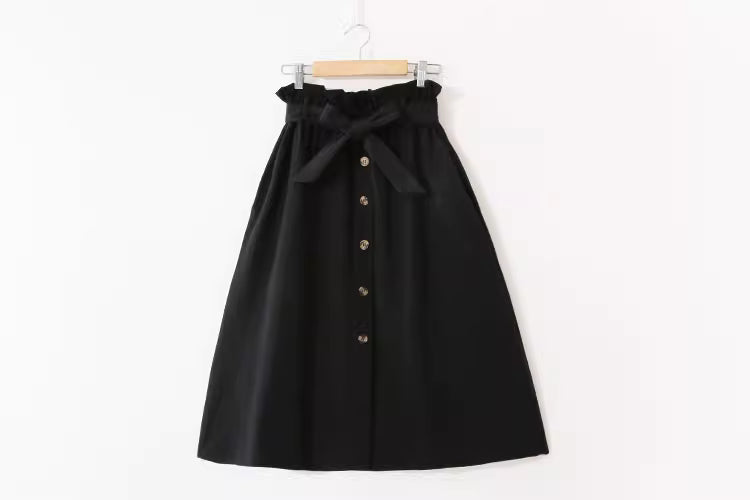 Black high waisted midi skirt for women with button front and waist tie by Orchid Moda