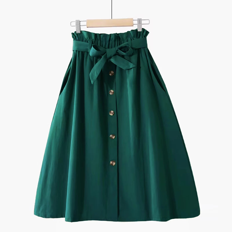 Orchid Moda green high waisted midi skirt for women with button front and bow belt detail