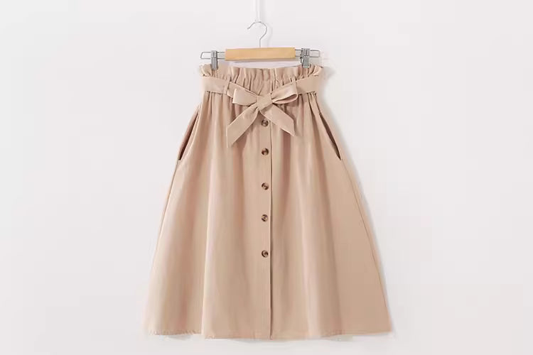 Beige high waisted midi skirt for women with button front and waist tie by Orchid Moda