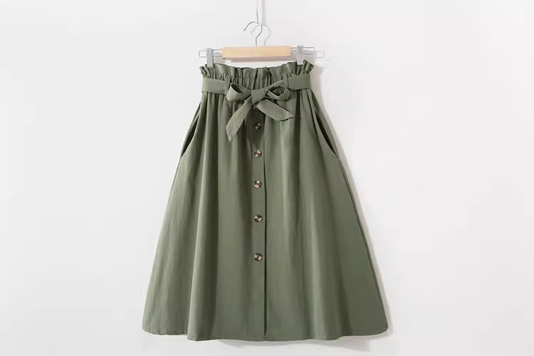 Orchid Moda high waisted midi skirt for women in olive green with button front and waist tie