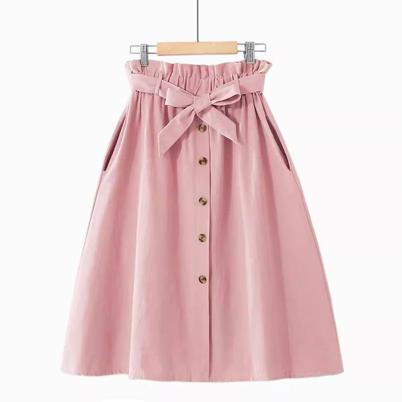 Orchid Moda pink high waisted midi skirt for women with buttons front and bow tie waist