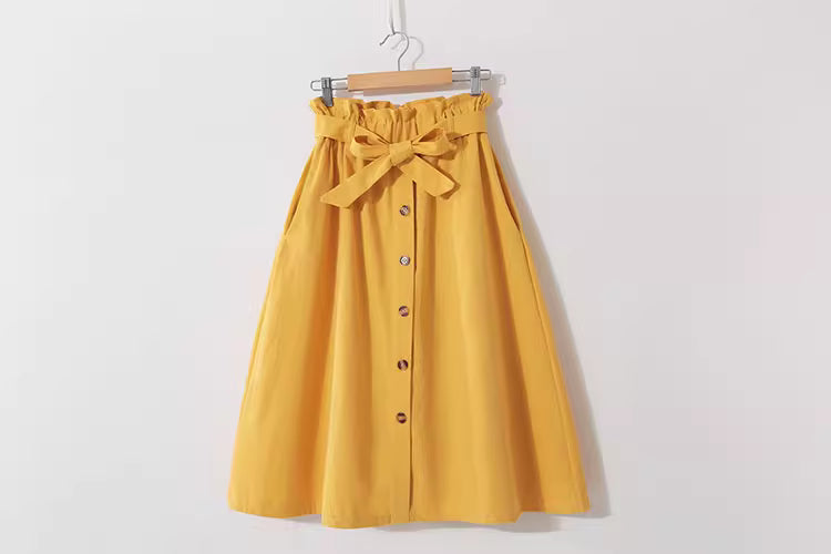 Orchid Moda yellow high waisted midi skirt for women with button front and tie waist detail