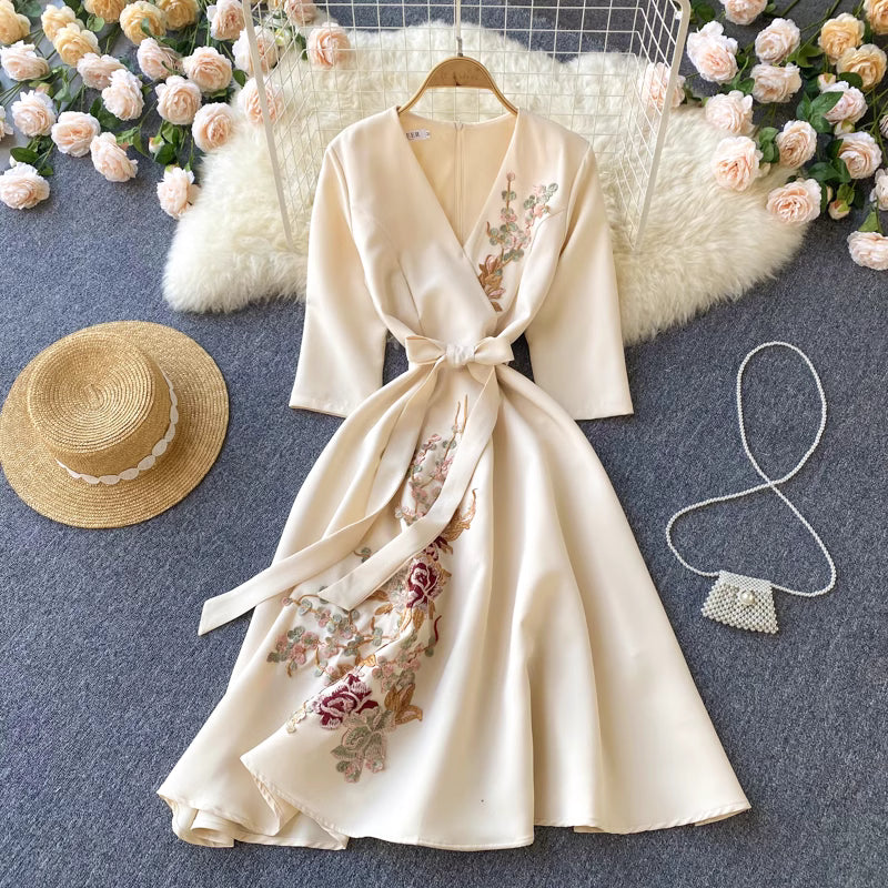Orchid Moda almondine midi dress in cream with floral embroidery waist tie belt