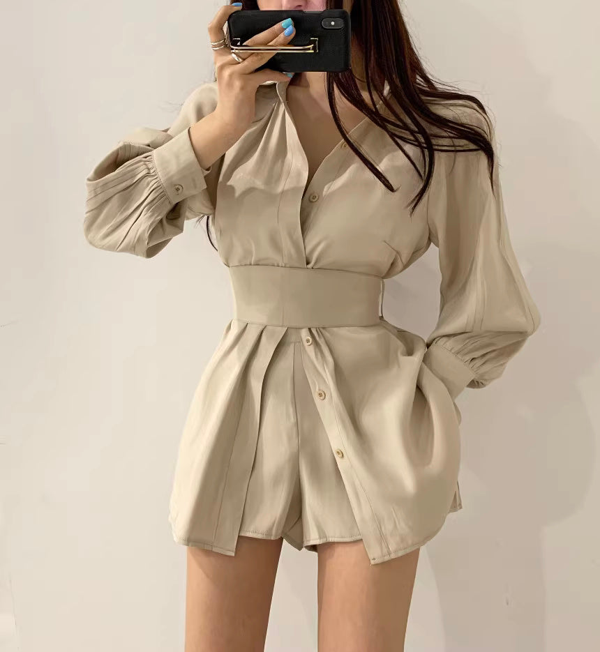 Beige retro co-ord set with long puff sleeves and high waist detail by Orchid Moda
