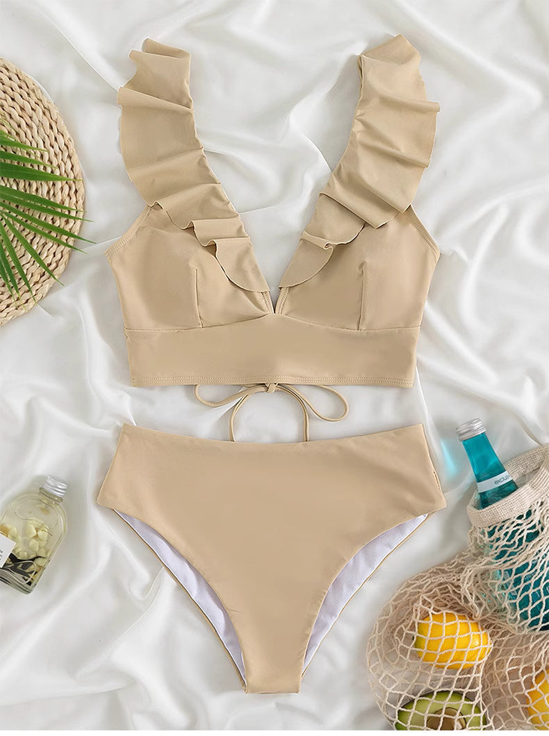 Orchid Moda beige ruffled neck swimsuit with high-waist bottom and deep v-neck design