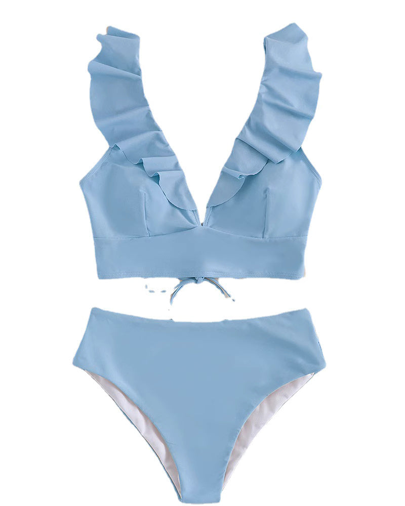 Orchid Moda light blue ruffled neck swimsuit with high-waisted bottoms and deep V neckline
