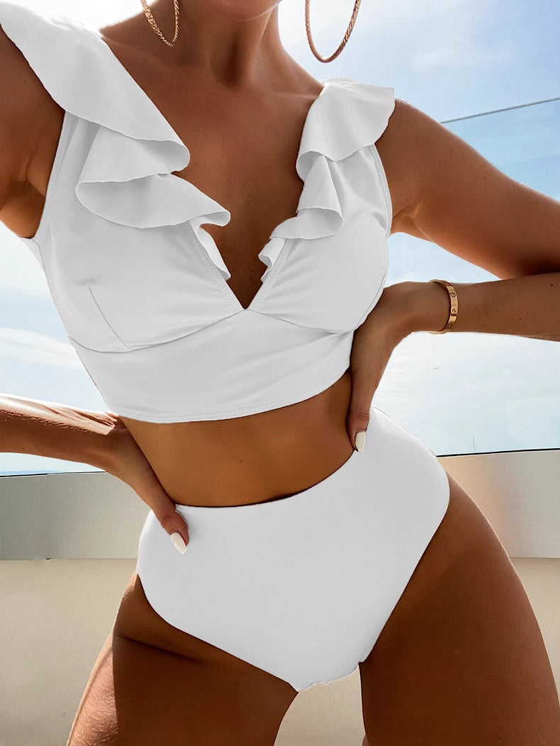 White ruffled neck swimsuit with high waist bottom and deep V neckline by Orchid Moda