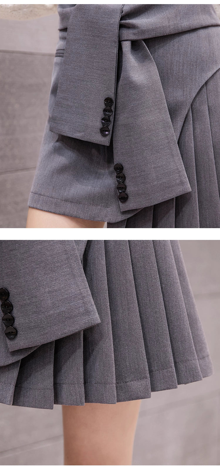 Orchid Moda gray statement style blazer skirt with pleated design and black button details on sleeve