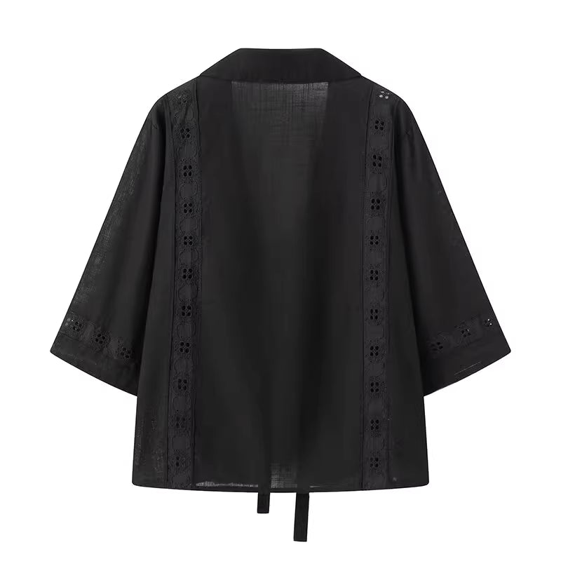 Orchid Moda black lightweight summer co ord set for women top with floral lace details