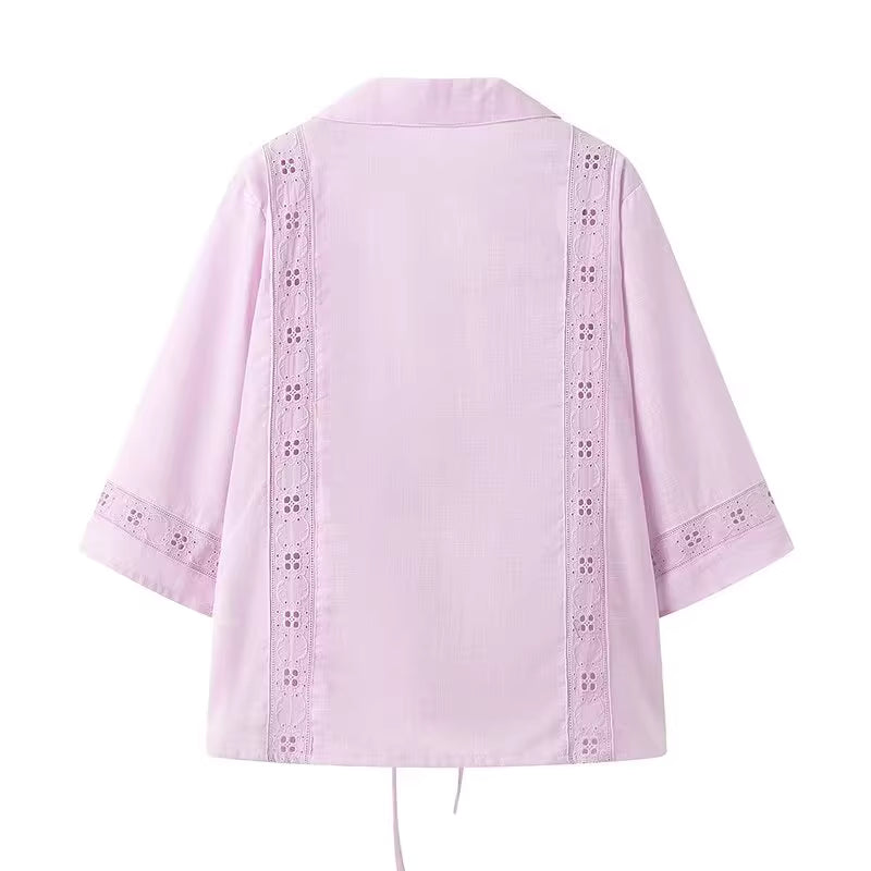 Orchid Moda light purple summer co ord set for women top with lace detailing on sleeves and back