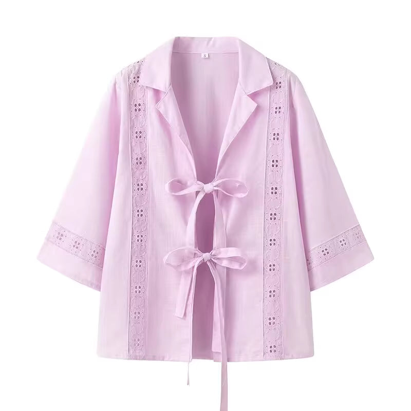 Orchid Moda lavender summer co ord set for women with tie front and eyelet lace detailing