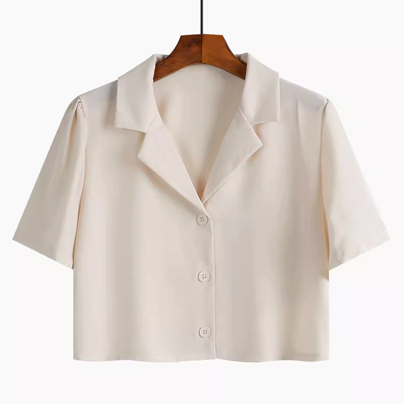 Orchid Moda trendy short sleeved shirt women in beige with buttons and collar on hanger