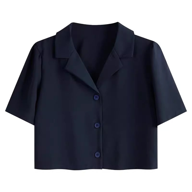 Orchid Moda navy blue trendy short sleeved shirt women with button front and collar