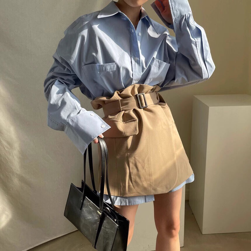 Orchid Moda closet raid oversized shirt and skirt set with blue shirt and tan belted skirt