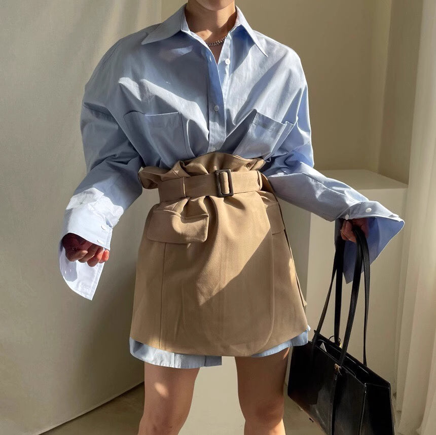 Orchid Moda closet raid oversized shirt and skirt set featuring light blue oversized shirt and beige belted skirt