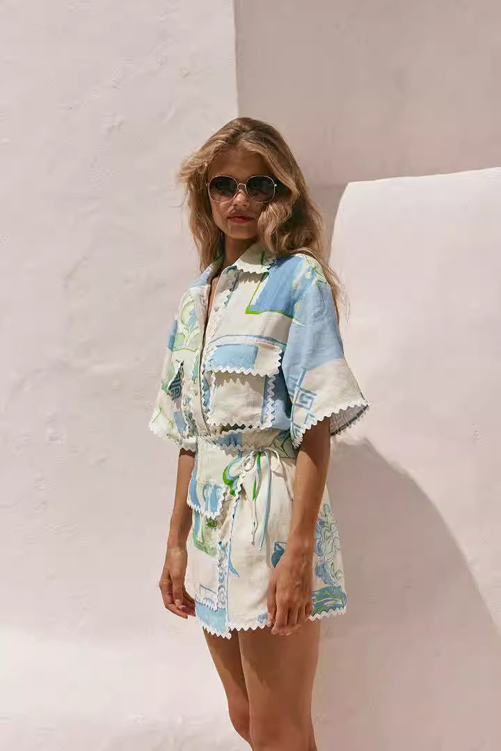 Orchid Moda printed co-ord set for women featuring pastel blue and green patterns with scalloped edges