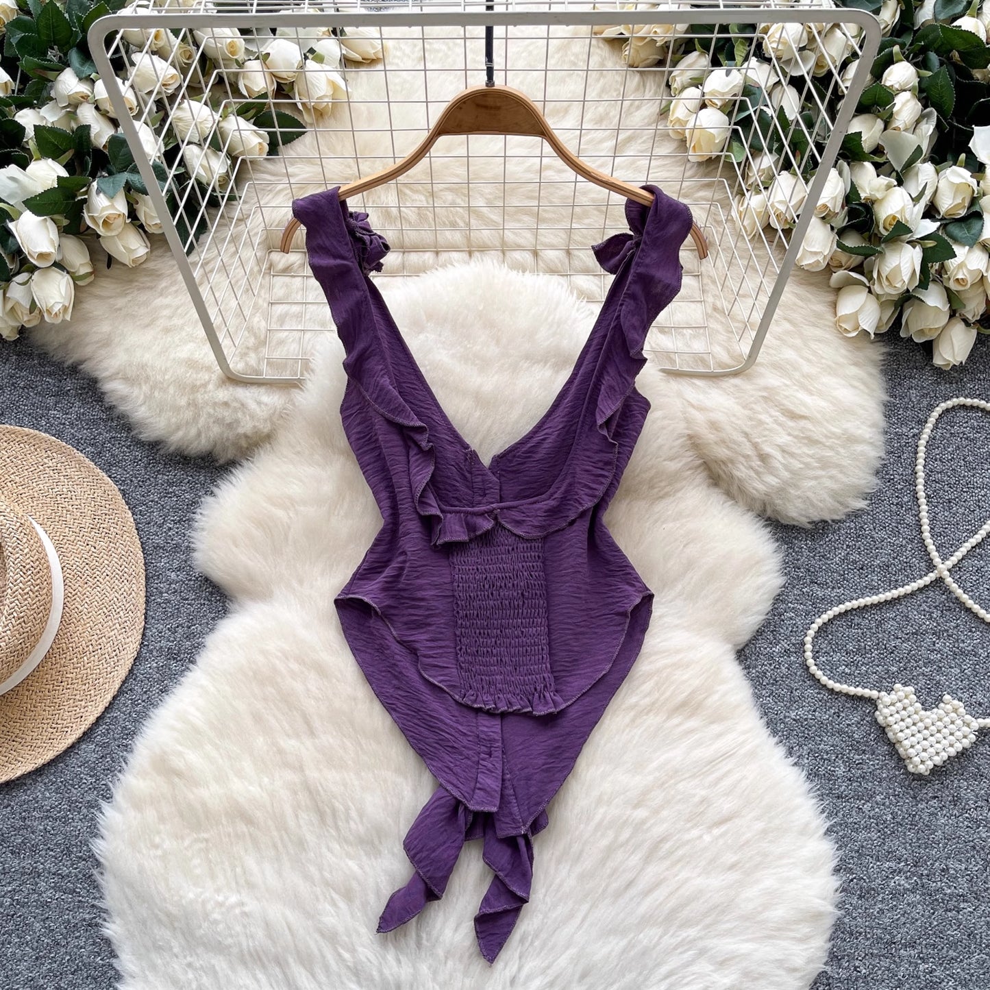 Purple ruffled cami top for women with deep V-neck and tie front detail by Orchid Moda