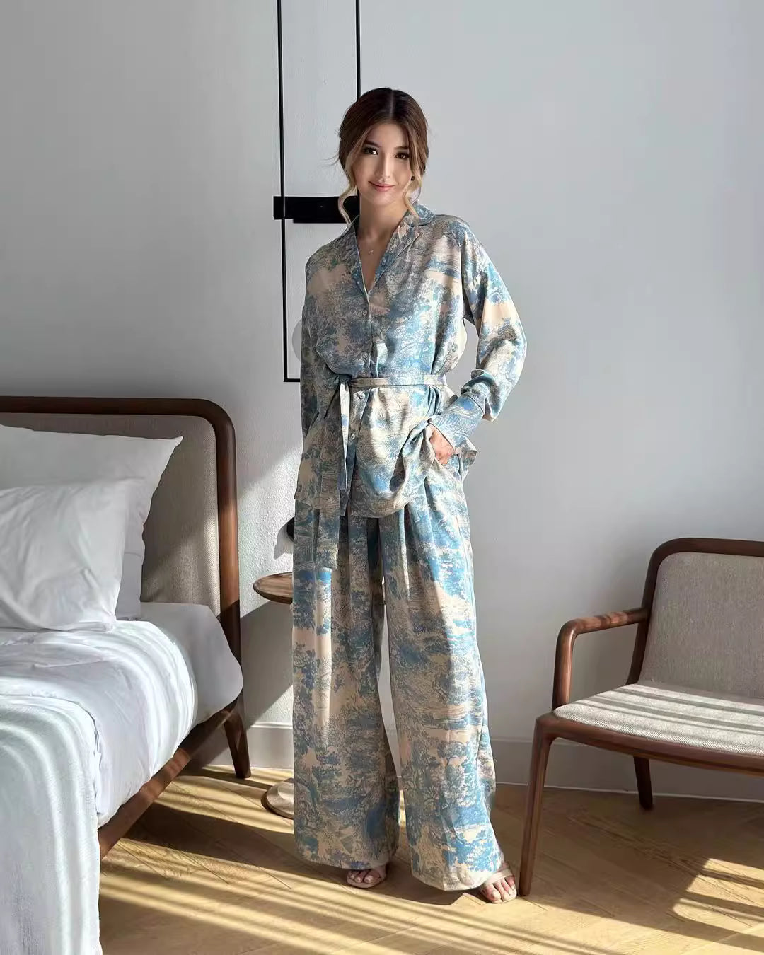 Orchid Moda stylish women's co ord set with long sleeves and wide-leg pants in blue and beige pattern