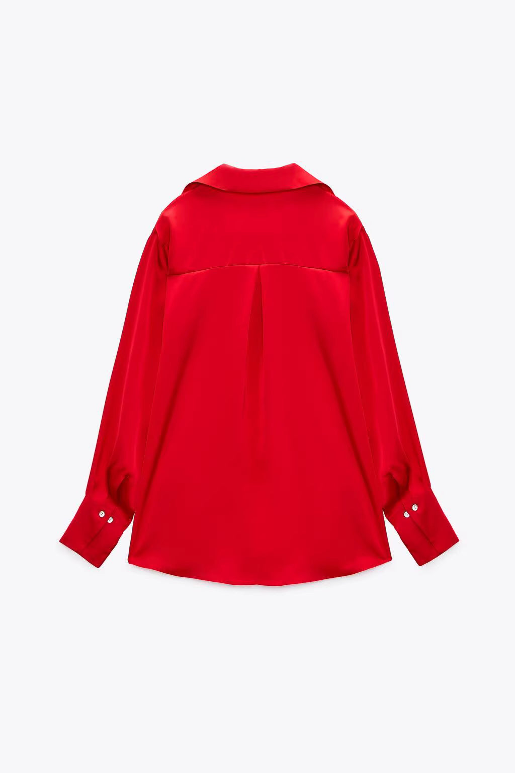 Orchid Moda women's satin shirt in vibrant red shown from the back with long sleeves and buttoned cuffs