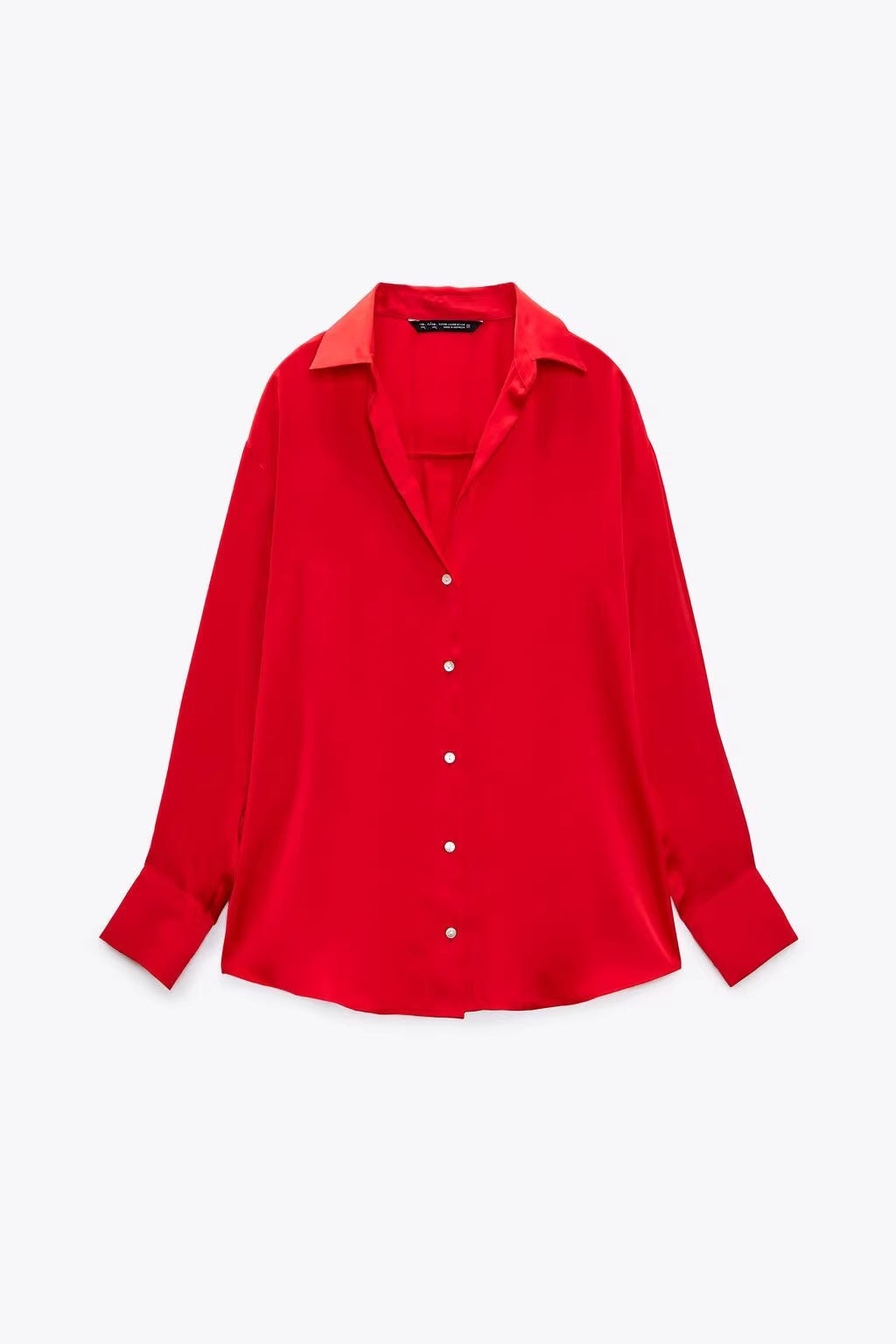 Orchid Moda women's satin shirt in bright red with long sleeves and button-down front