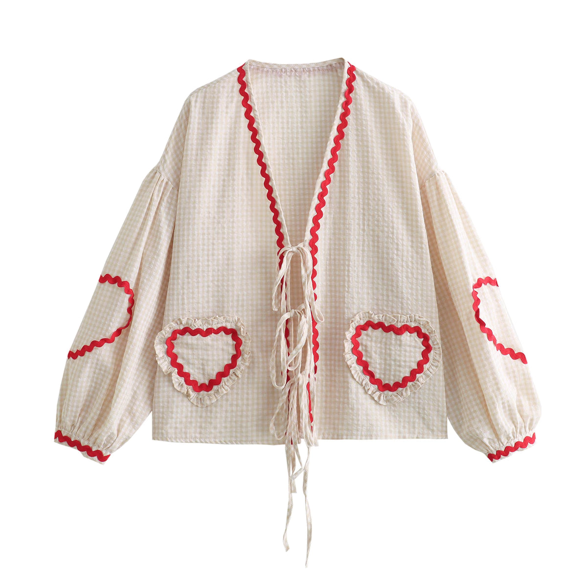 Orchid Moda gingham heart print top with red trim and tie closure on cream background