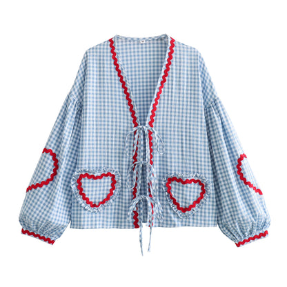 Blue and white gingham heart print top with red trim and tie-front detail by Orchid Moda