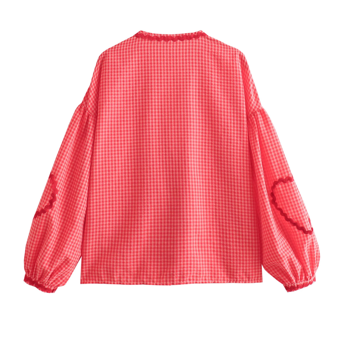 Orchid Moda gingham heart print top in red with long puff sleeves and heart details on elbows
