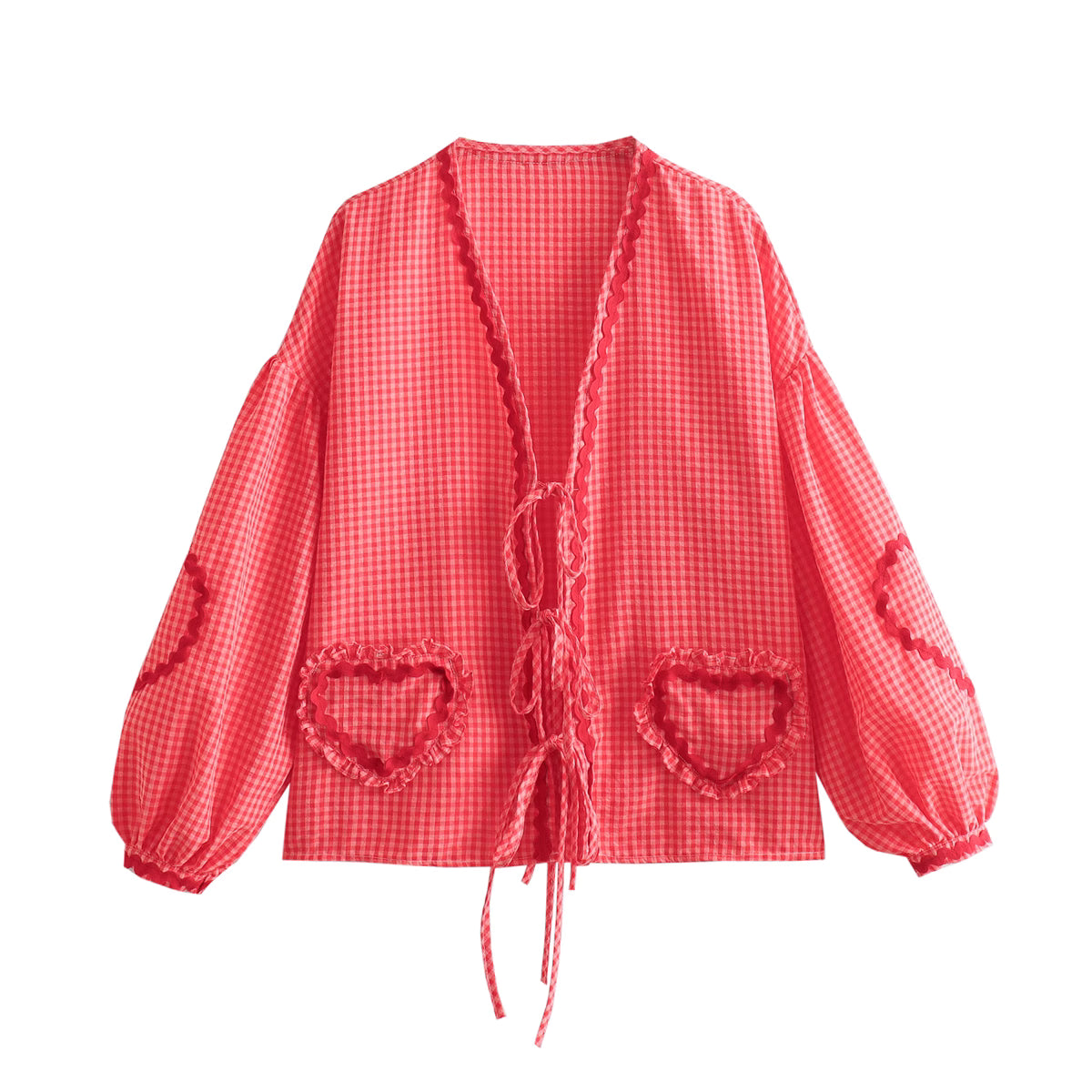 Orchid Moda red gingham heart print top with long puff sleeves and front tie closure