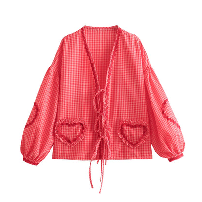 Orchid Moda red gingham heart print top with long puff sleeves and front tie closure