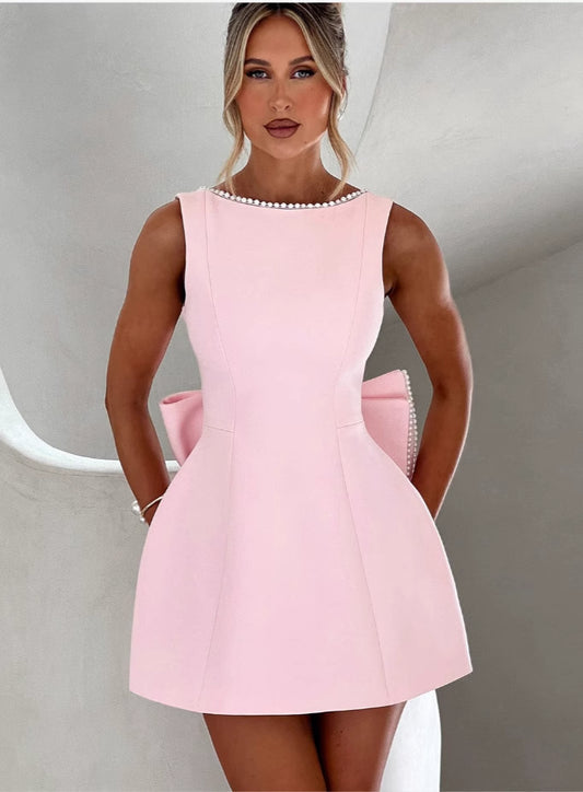 Orchid Moda Bellara cocktail party dress in light pink with sleeveless design and pearl details