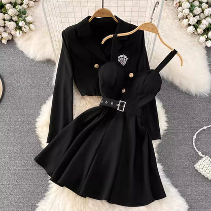Black blazer skirt set for women with gold buttons and a belted dress by Orchid Moda