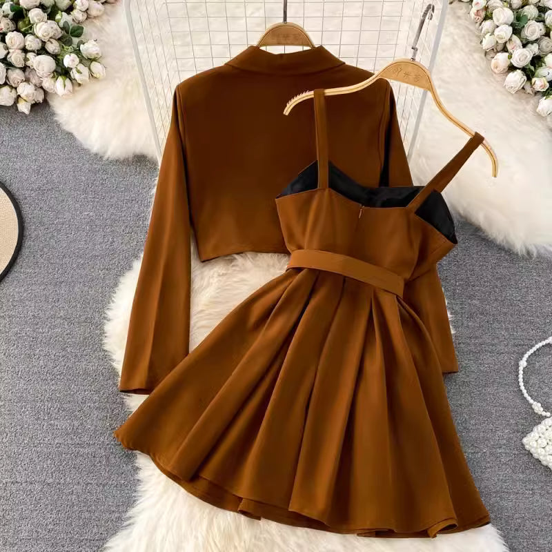 Orchid Moda brown blazer skirt set for women with cropped blazer and pleated skirt on hangers