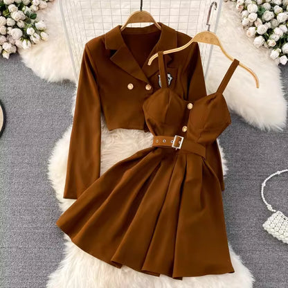 Brown blazer skirt set for women with a cropped double-breasted blazer and pleated belted skirt