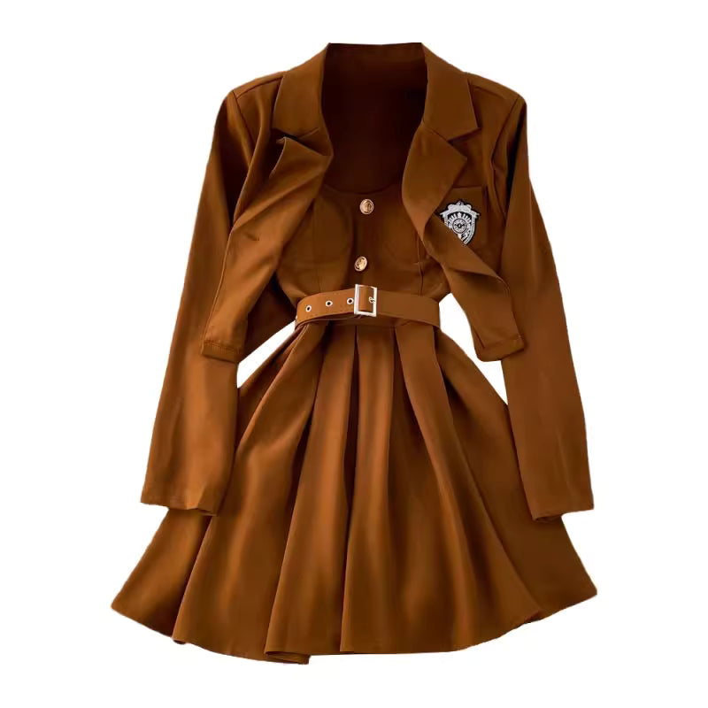 Brown blazer skirt set for women with belted waist and buttoned top by Orchid Moda