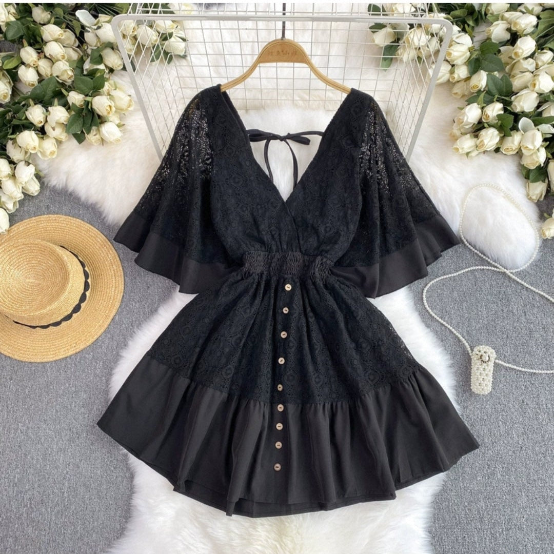 Black lace boho chic summer dress with button front and flared sleeves from Orchid Moda