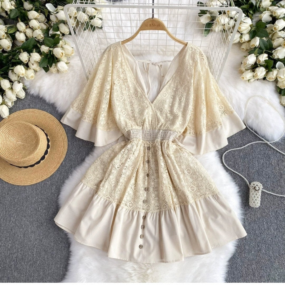 Orchid Moda cream lace boho chic summer dress with flutter sleeves and button front detail