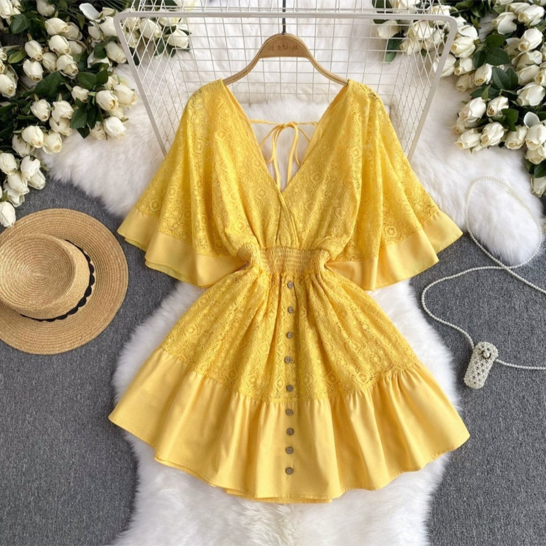 Yellow boho chic summer dress with button front and flutter sleeves by Orchid Moda