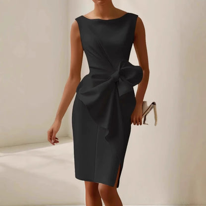 Orchid Moda black bow detail evening dress with sleeveless design and side slit