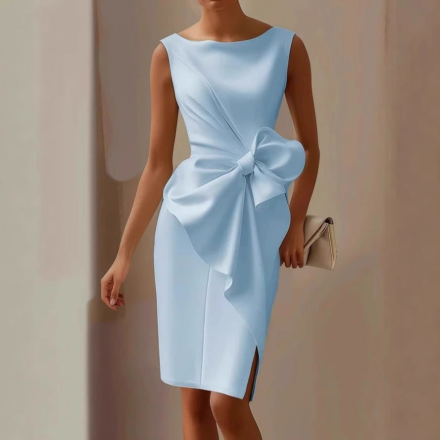 Light blue bow detail evening dress with sleeveless design and knee-length slit